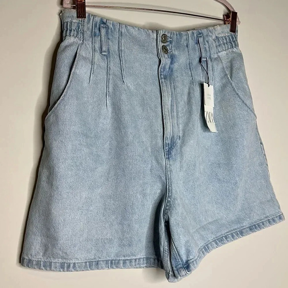 NWT Zara Blue Paper-bag denim Shorts - Picture 3 of 7